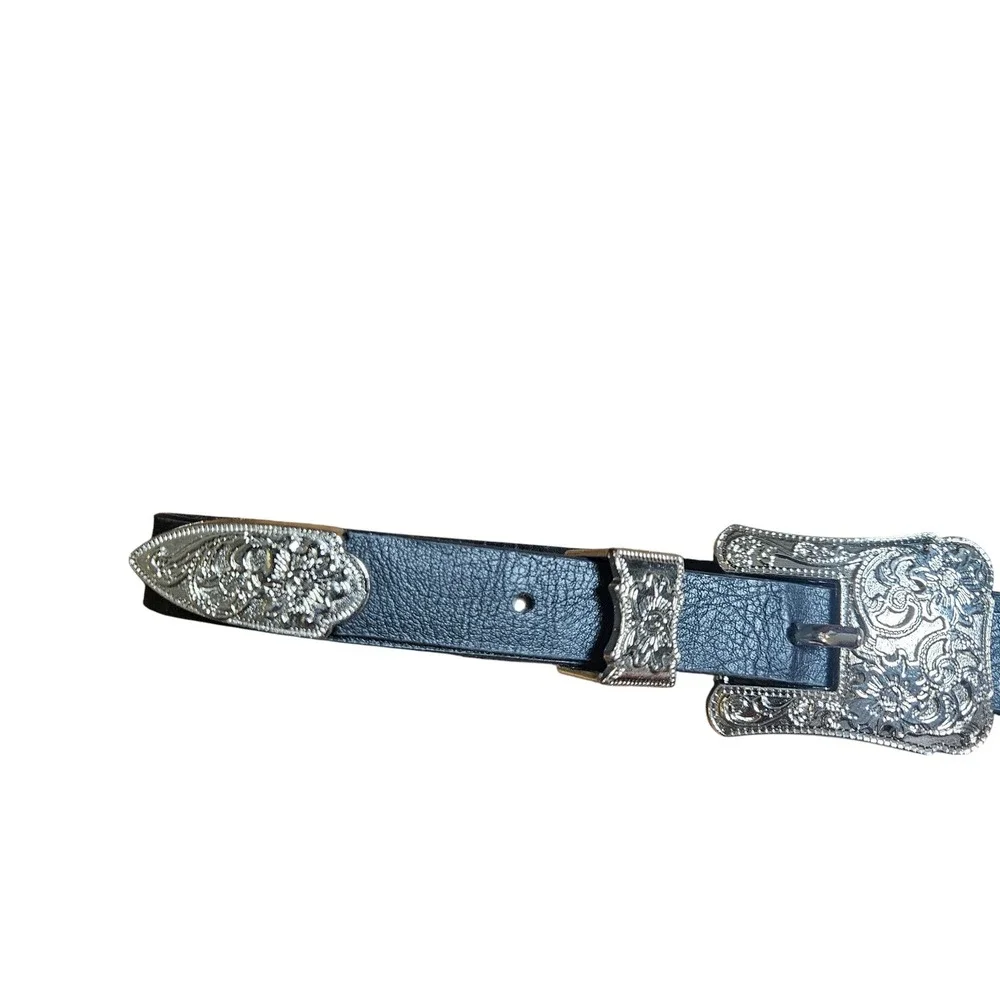 Leather Western Cowboy‎ Belt Silver Buckle Embellished Adjustable Mens 32